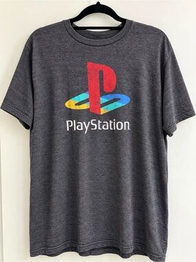 Sony Gray PlayStation Logo Tee - Red, Yellow, Blue Accents